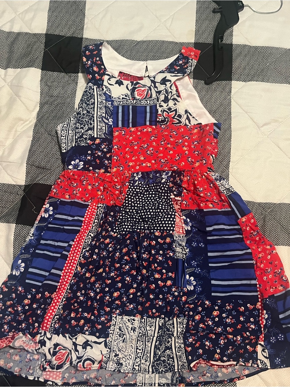 Girls Patchwork Navy and Red Sleeveless Summer Dress